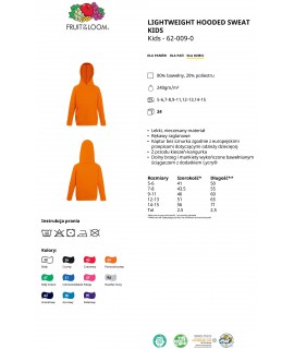 Bluza z kapturem Kangur dziecięca KOLOR 240g z nadrukiem DTG - 620090 - Fruit of the loom