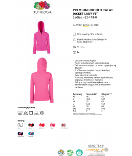 Bluza rozpinana z kapturem damska 280g - 621180 - Fruit of the loom